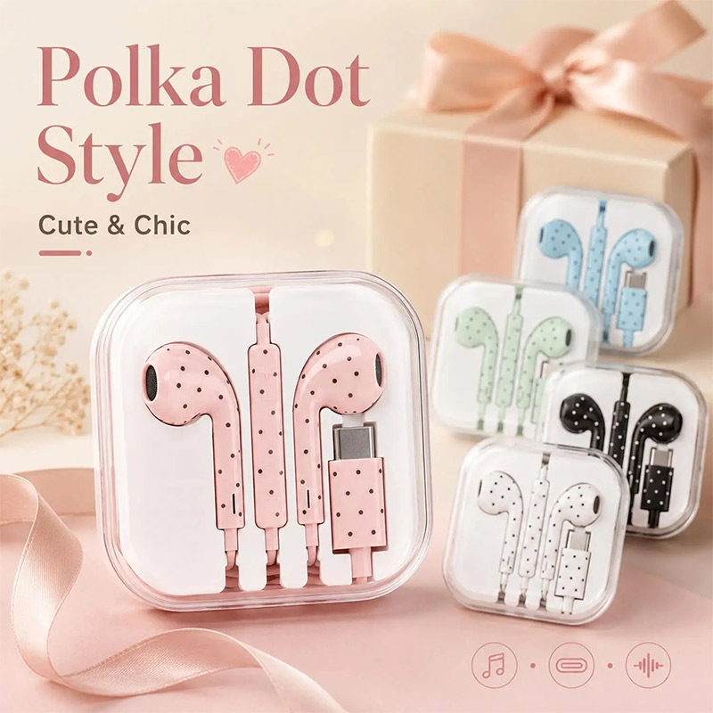 Wired Earphone Mic - かわいい水玉模様のType-C有線イヤホン。マイク付きで、iPhone、Xiaomi、Samsungに対応。新しい有線イヤホン。