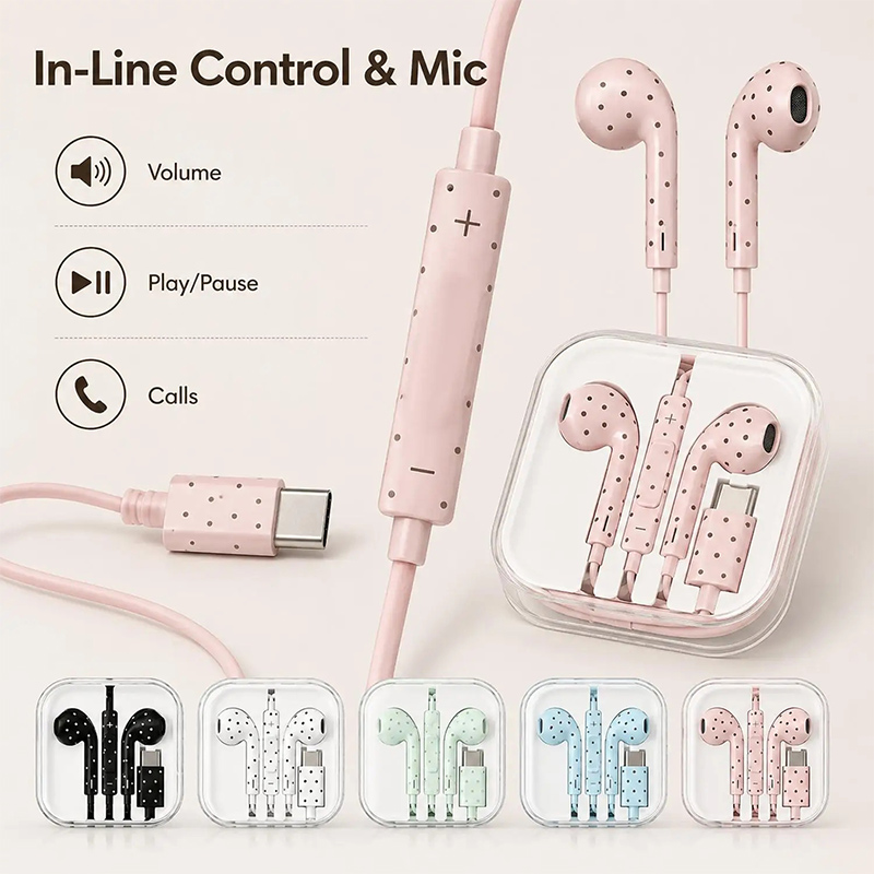 かわいい水玉模様のType-C有線イヤホン。マイク付きで、i - Wired Earphone Mic のレビューと価格